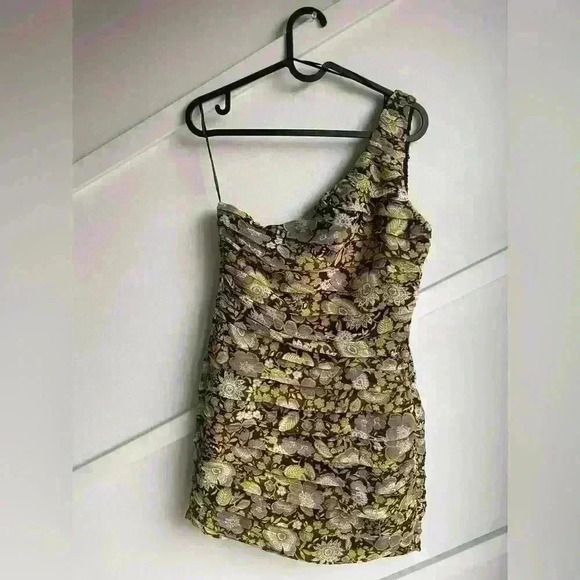 Zara ruched  one shoulder mini floral Black Gold Short Party Dress size S - Picture 4 of 9